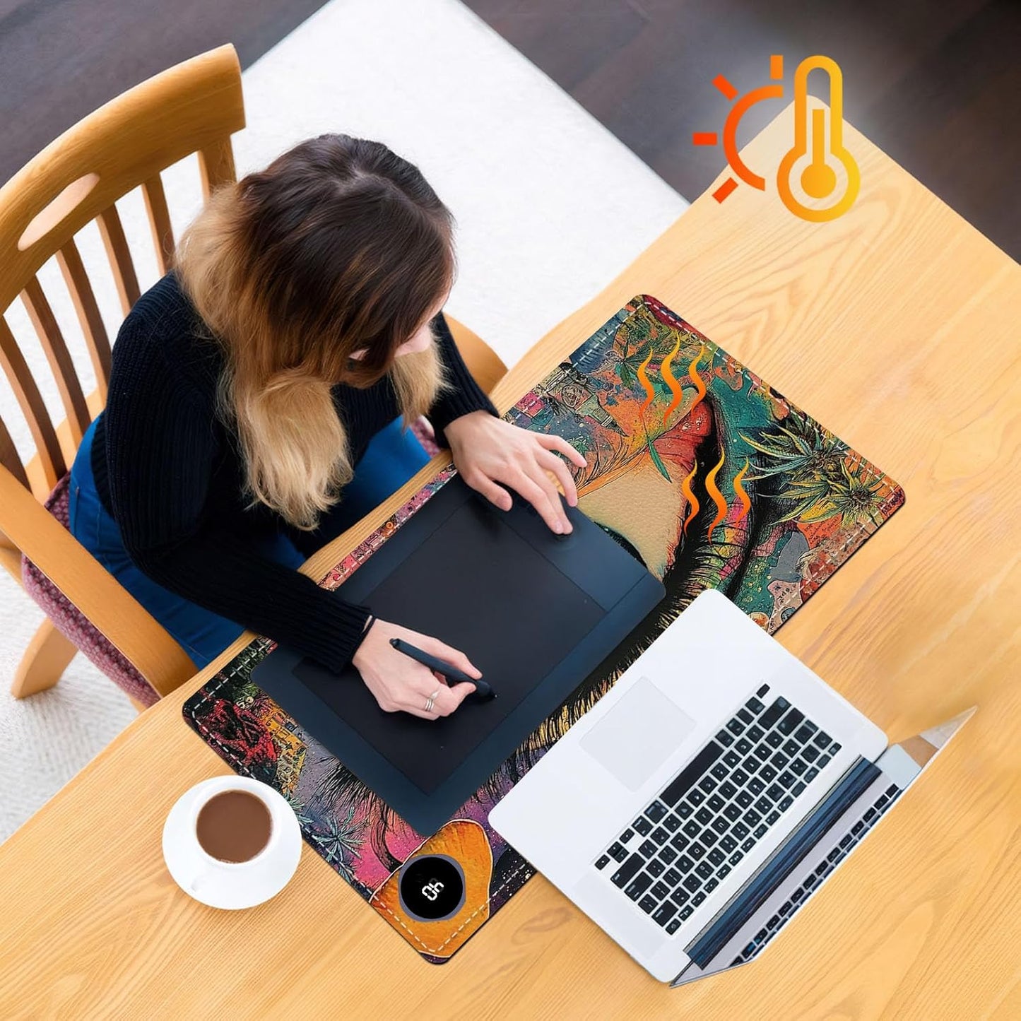 Heated Mouse Pad 23.6 x 14 in 3-Temp Fast Heating Desk Mat with Auto Timer Warmer for Hands Wrist Pain Relief Waterproof Keyboard Mat for Office, Gaming, Home, Colorful Eye Art
