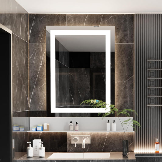 24 * 32inches LED Mirror, Smart Bathroom Mirror with Lights, Anti-Fog, Tempered Glass, 3 Colors Dimmable, Front and Backlit, CRI 90+, Wall Mounted, Memory