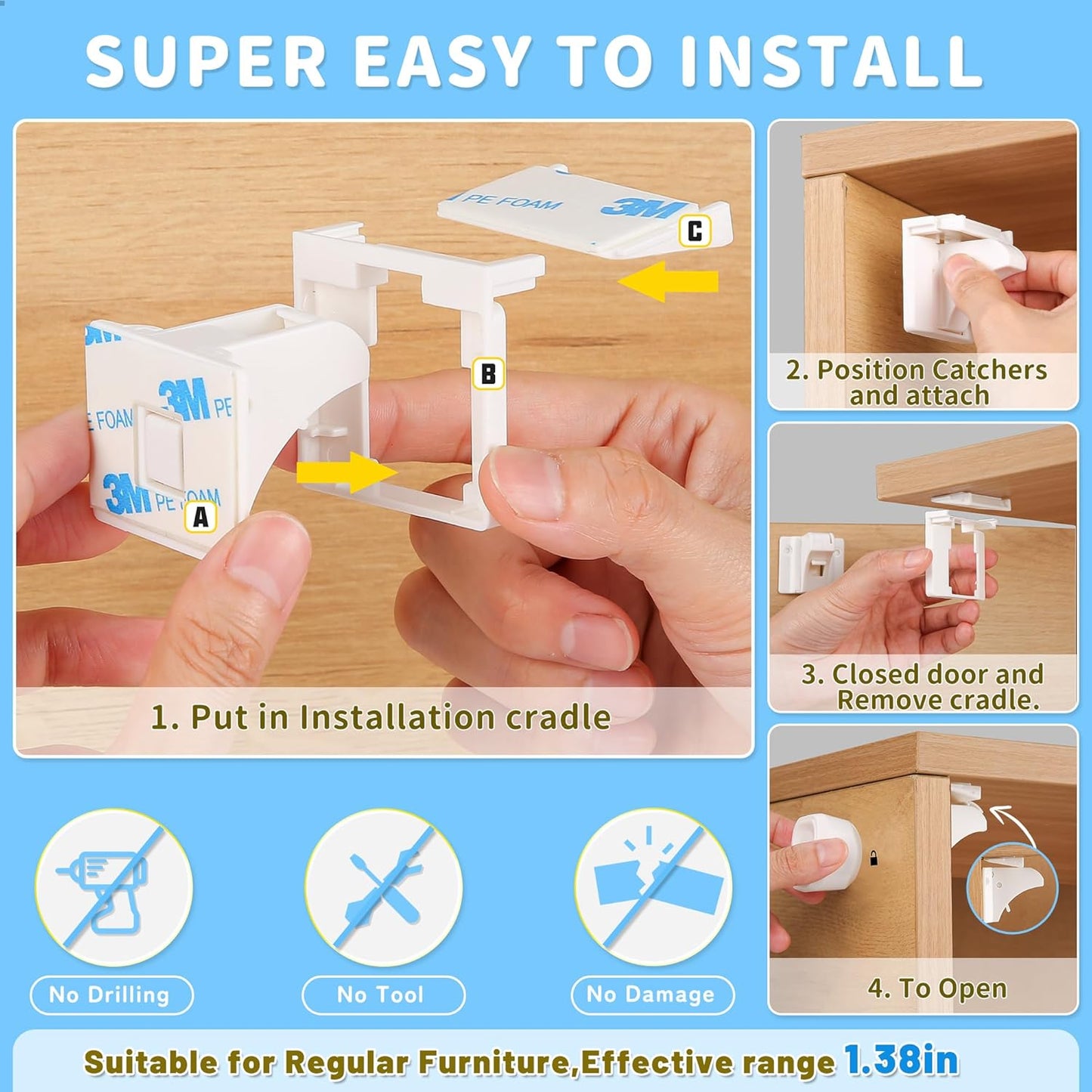 20 Pack Magnetic Cabinet Locks Baby Proofing - Baitiny Child Proof Cupboard Drawers Latches - Adhesive Easy Installation