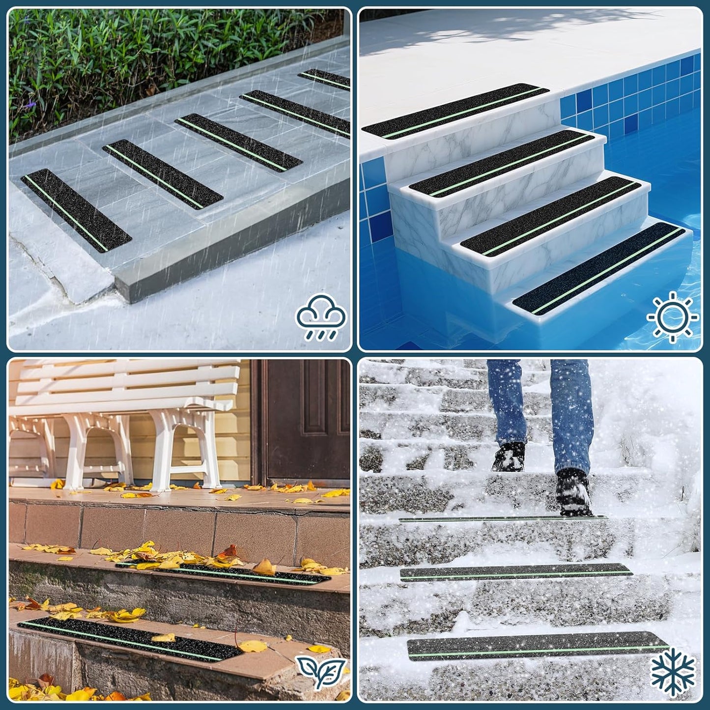 10 Pack 6” x 32” Anti Slip Traction Treads with Glow in The Dark Stripe, Outdoor Waterproof Non Skid Pre-Cut Tape with Roller, High Traction Friction Abrasive Adhesive for Stairs Step