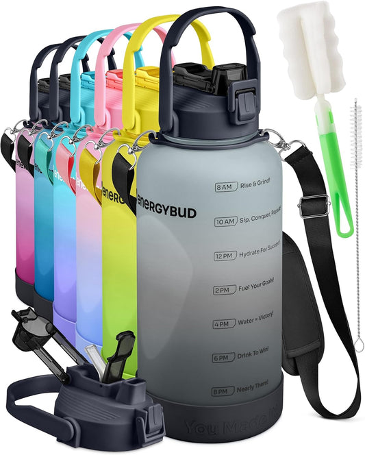 1 Gallon Water Bottle With Straw Dishwasher-Safe BPS & BPA Free, 2 Cleaning Brush Motivational 128oz Water Jug with Time Markers, Wide-Mouth Tritan, Gym & Exercise Equipment(Clear & Black)