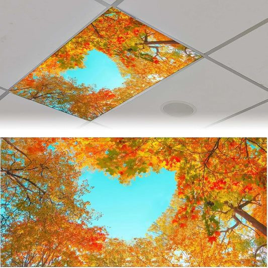 2PCS Fluorescent Light Cover for Ceiling Light Autumn Leaf Patten Magnetic Light Cover Shade Panel,Decorative Film Filter for Reducing Harsh Glare Flicker Home School Office Decorations