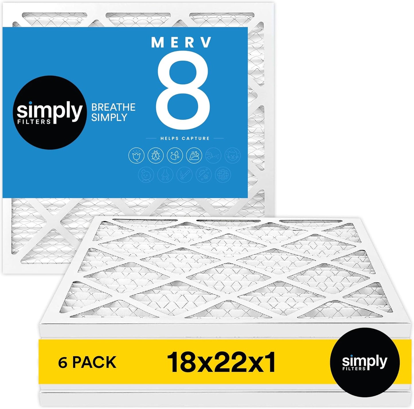 Simply 18x22x1 Air Filter, Merv 8, 6 Pack, For Home AC Furnace & HVAC (Actual Size: 17.75"x21.75"x0.75") DUST, Pet, & Allergy Control