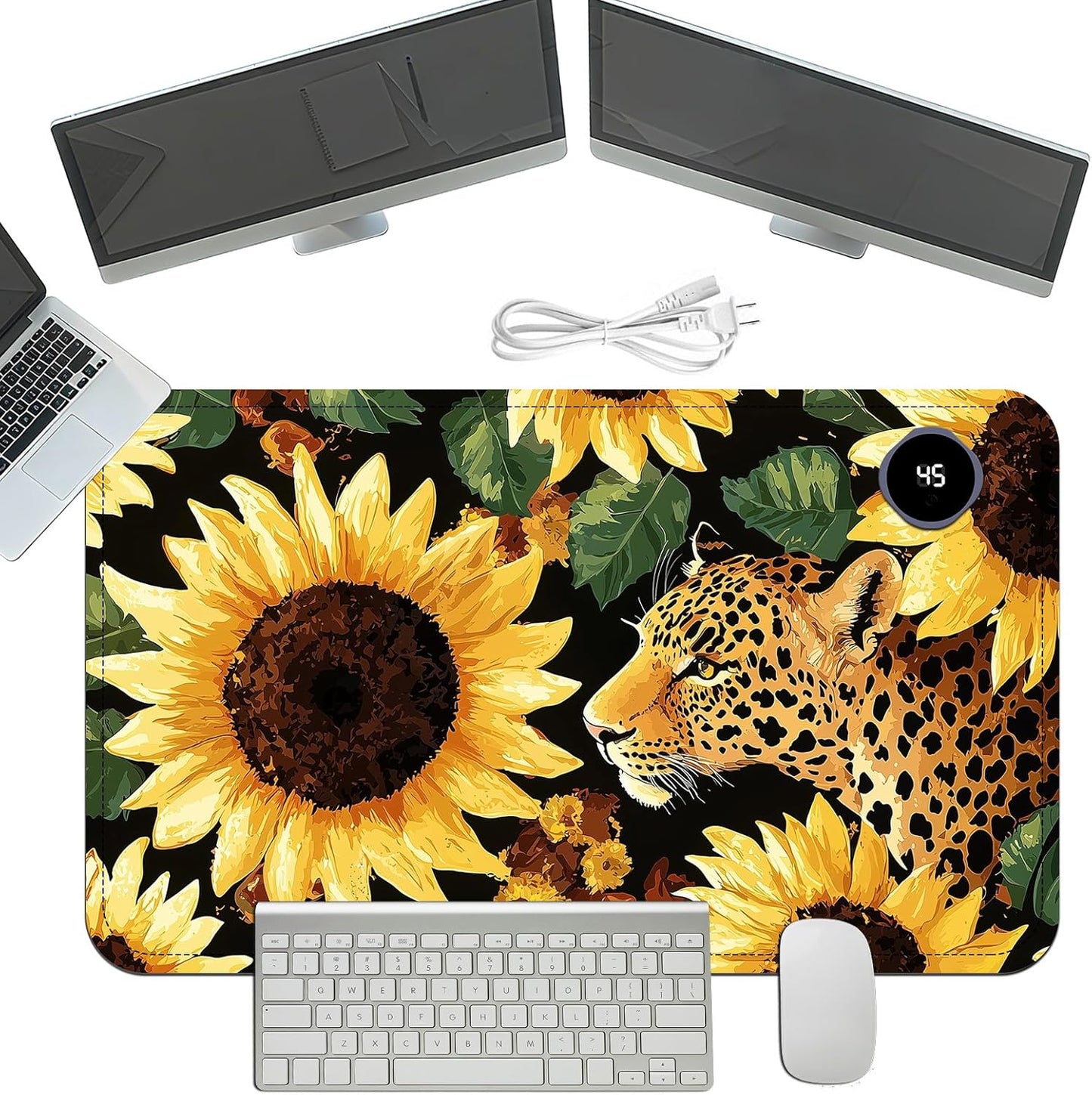 Heated Mouse Pad with 3 Temperature Settings(104°F–122°F),Large 24x14.2 Inch PU Leather Heated Desk Mat,Waterproof Warming Pad for Office,Gaming & Cold Hands Relief,Sunflowers Leopard Print