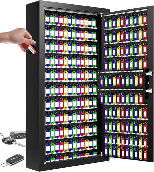 254 Keys Digital Key Lock Box Wall Mount with Code, Heavy Duty Anti-Theft Key Lock Box with Side Drop Slot and Colorful Key Tags for Car Garage House Rental Office