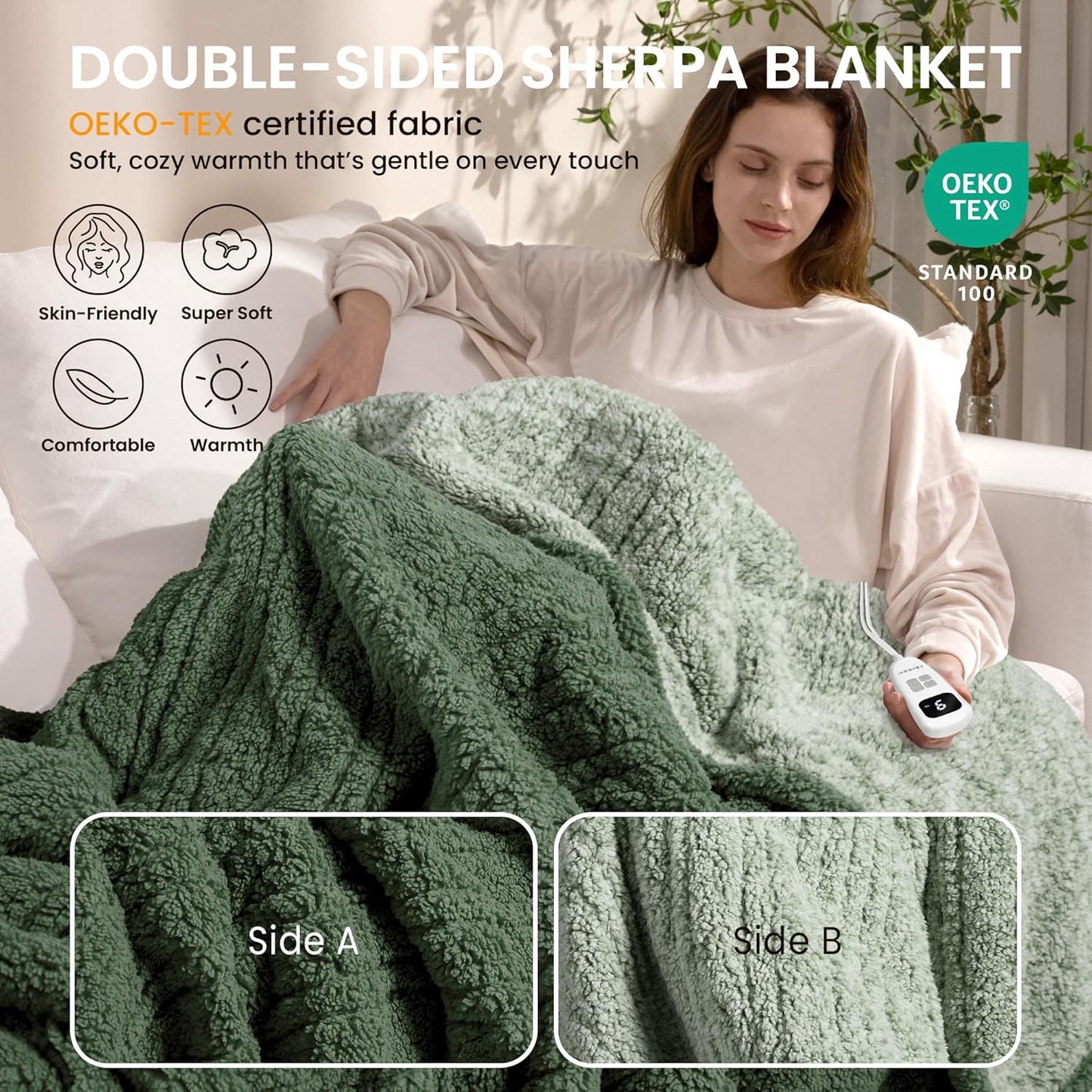 Heated Blanket Electric Blanket Throw - Fast Heating Blanket Throw Double Sided Sherpa Ultra Soft Cozy with 10 Heating Levels & 2-10 Hours Auto Off, Mashine Washable, 50 x 60 Inches, Sage