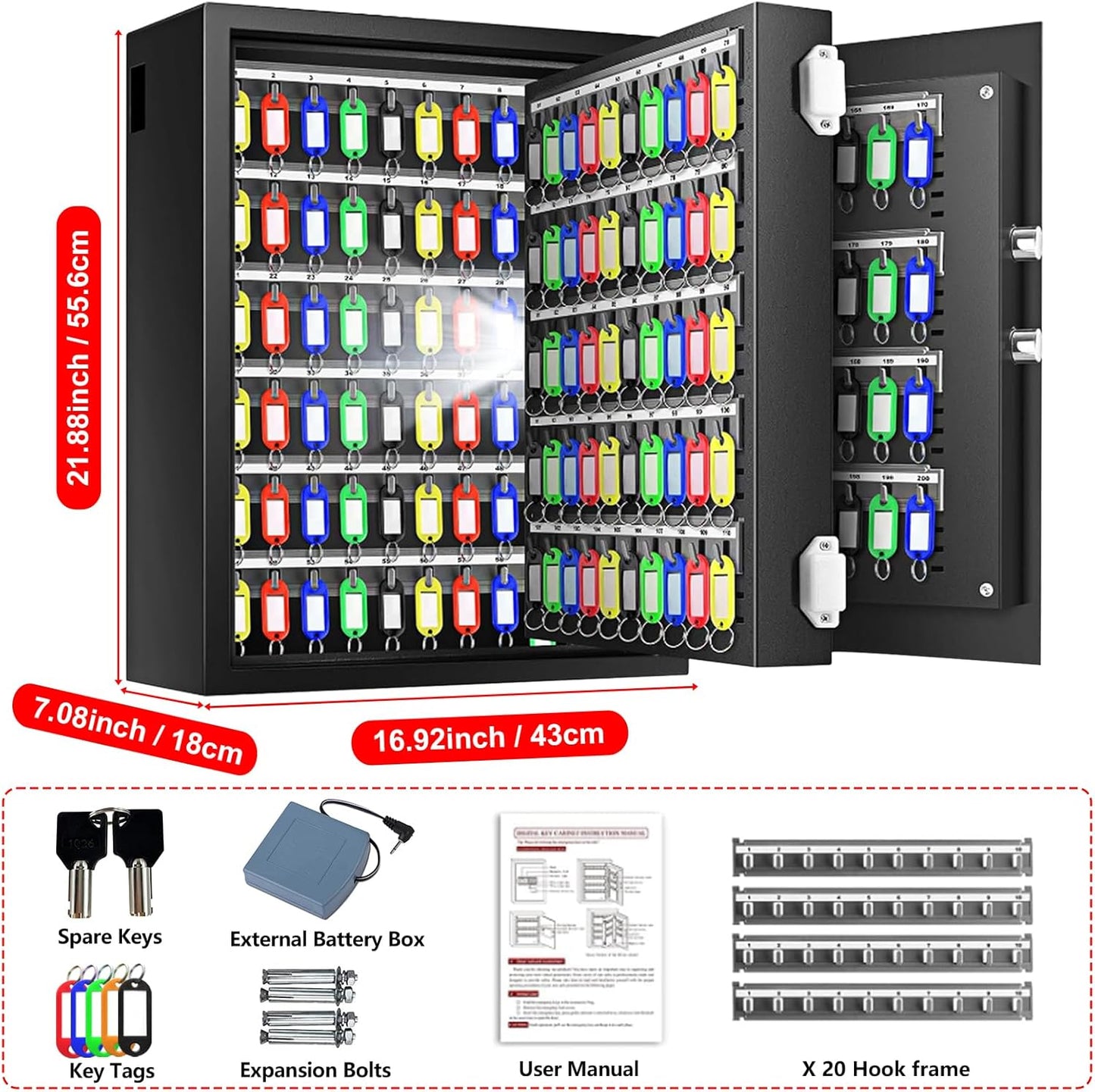220 Position Large Key Cabinet Wall Mount, Anti-Theft Key Lock Box with Combination Lock, Deposit Key Slot and Key Tags, Steel Key Box for Offices Cars Hotels Dorms