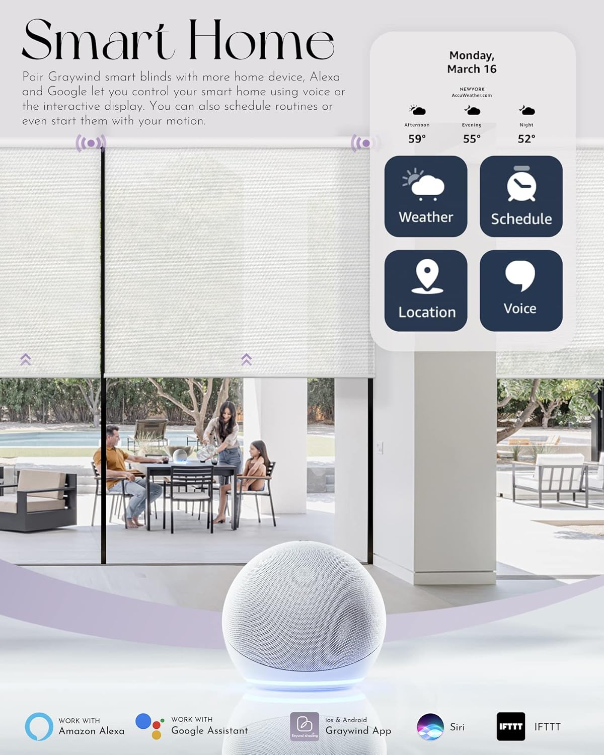 Graywind Motorized Roller Shades Compatible with Alexa Google Hardwired WiFi Smart Light Filtering Blind Remote Automated Blinds Electric Window Shade, Custom Size (1% Openness Solar White)