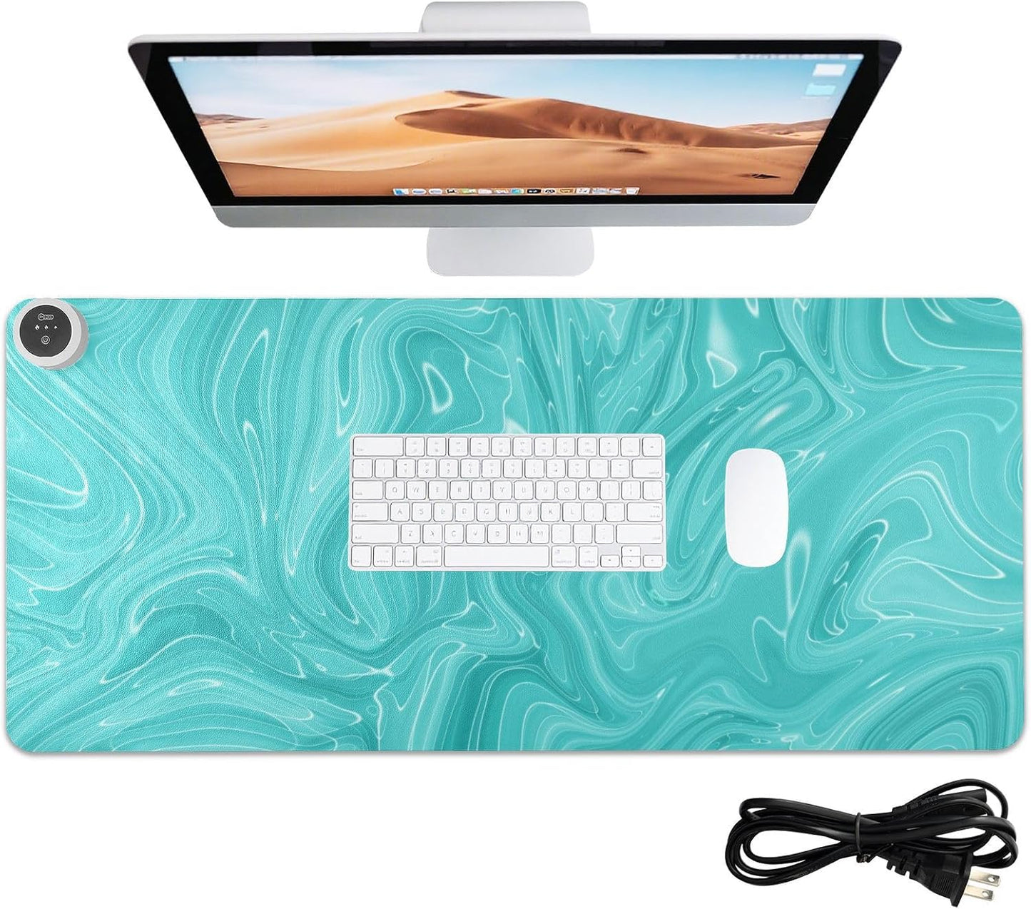 Heated Desk Pad Mouse Pad 31.5x13 Inch PU Leather Desk Mat with 3 Heat Levels Large Mouse Gaming Computer Laptop Mat Teal Fluid
