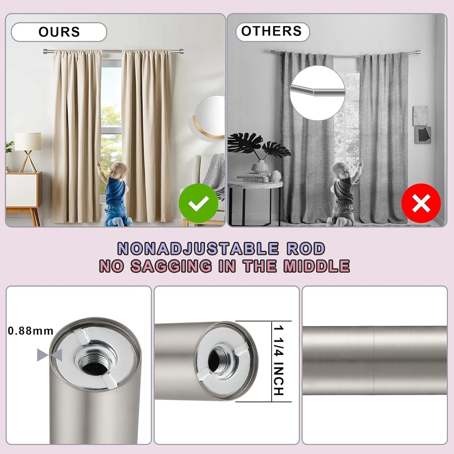 Heavy Duty Curtain Rods,1 1/4" Large Diameter Premium Nonadjustable Curtain Rod,120in/10ft Custom Window Treatment Rods with Durable Aluminum Brackets and End Caps,Brushed Nickel Finish