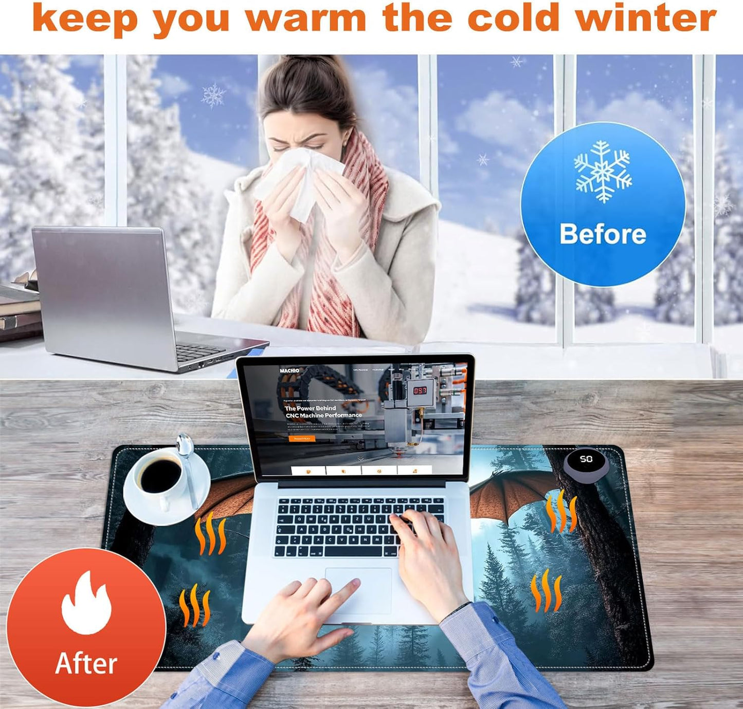 Heated Mouse Pad for Desk 31.5" x 13" – PU Leather Warm Desk Pad with 3 Heat Levels (104°F/113°F/122°F), Plug-in Electric Heating Mat with Auto Shut-Off, Waterproof & Rollable, Flying Dragon
