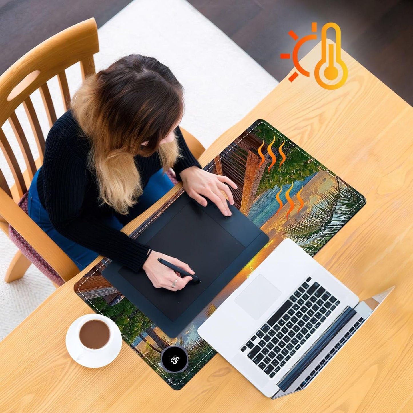 Heated Mouse Pad 23.6 x 14 in 3-Temp Fast Heating Desk Mat with Auto Timer Warmer for Hands Wrist Pain Relief Waterproof Keyboard Mat for Office, Gaming, Home, Sunset Beach Pathway