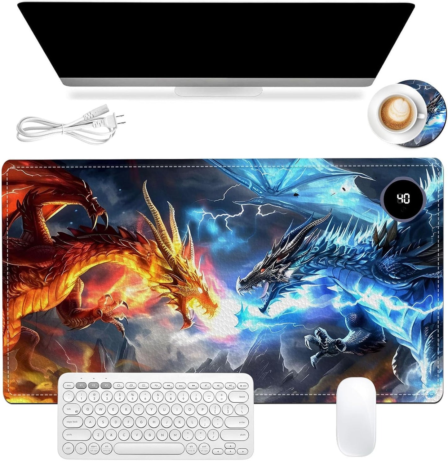 Heated Mouse Pad, Warm Desk Pad, Keyboard Mat 23.6 x 14 Inch Large Size Intelligent Fast Heating, 3 Speed Adjustable, Timed Auto Power Off for Game Office Home, Dragons Gather