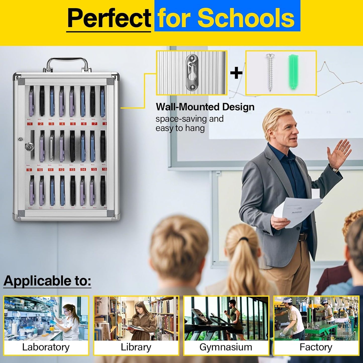24-Slot Cell Phone Locker - Storage Cabinet for Classroom, Wall Mount Organizer With Key, Aluminum Pocket Chart for Offices, Schools and Factories