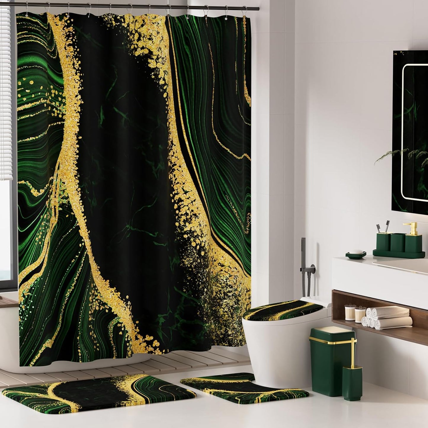 25PCS Bathroom Accessory Set, Dark Green Bathroom Set with Large-Capacity 4 Gallon Trash Can,Bathroom Rugs Set, Waterproof Shower Curtain, Toilet Brush, Toothbrush Holder & Soap Dispenser