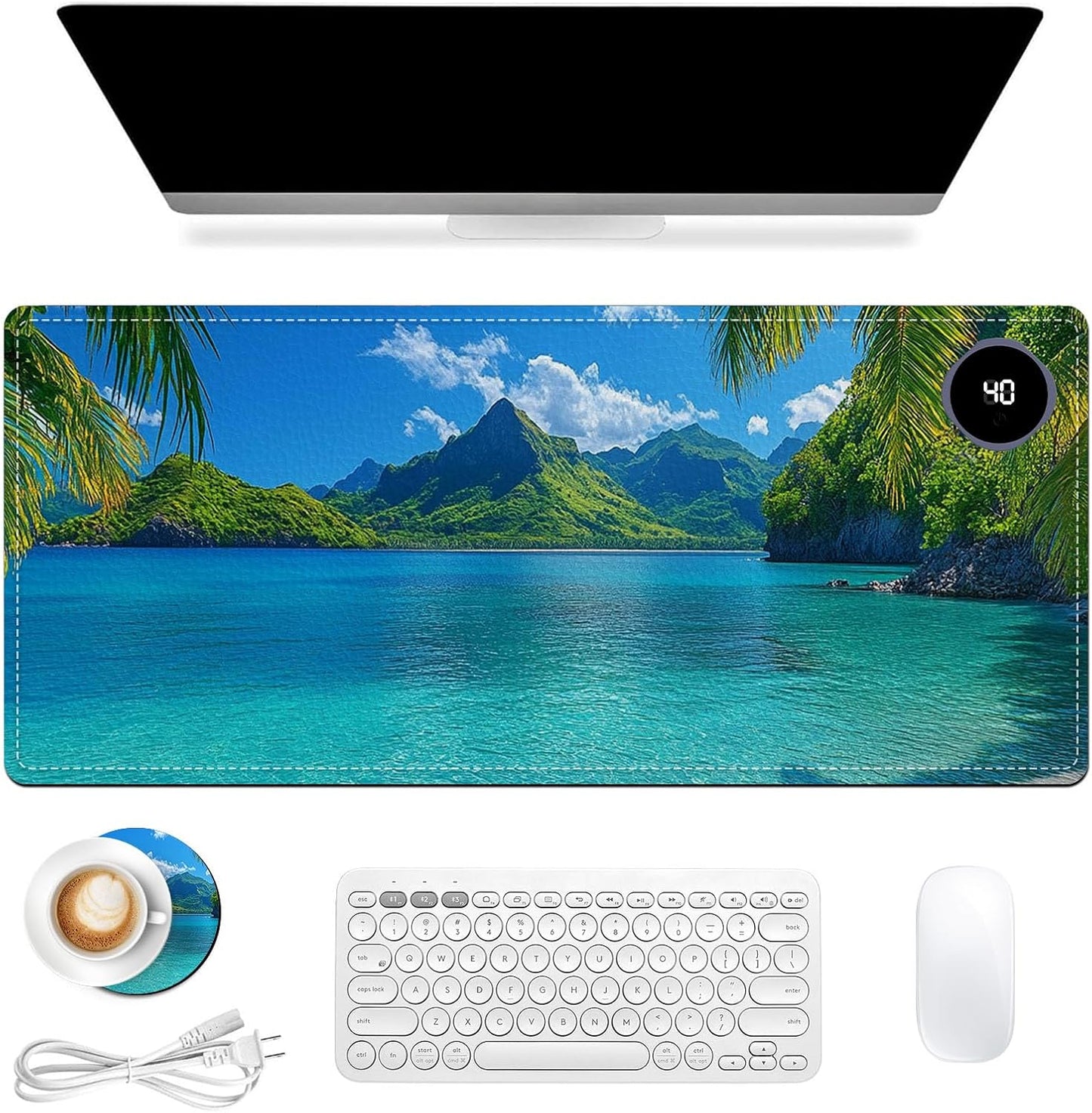 Heated Mouse Pad 31.5x13 in 3-Temp Fast Heating Desk Mat with Auto Timer Warmer for Hands Wrist Pain Relief Waterproof Keyboard Mat for Office, Gaming, Home, Tropical Paradise Beach