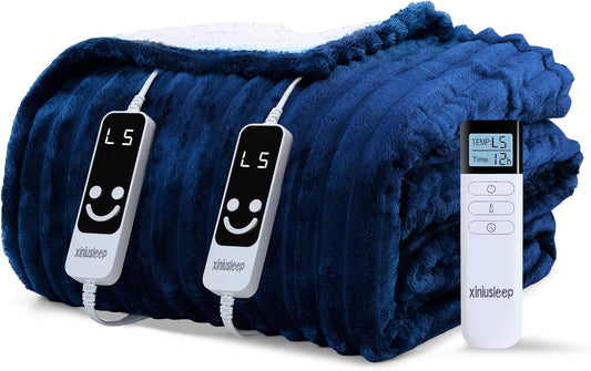 Heated Blanket Electric Blanket 90"x90", Soft Flannel Sherpa Electric Throw with 5 Heating Level & 12 Times Setting, Heated Throw with Overheating Protection, Machine Washable (Navy Blue)