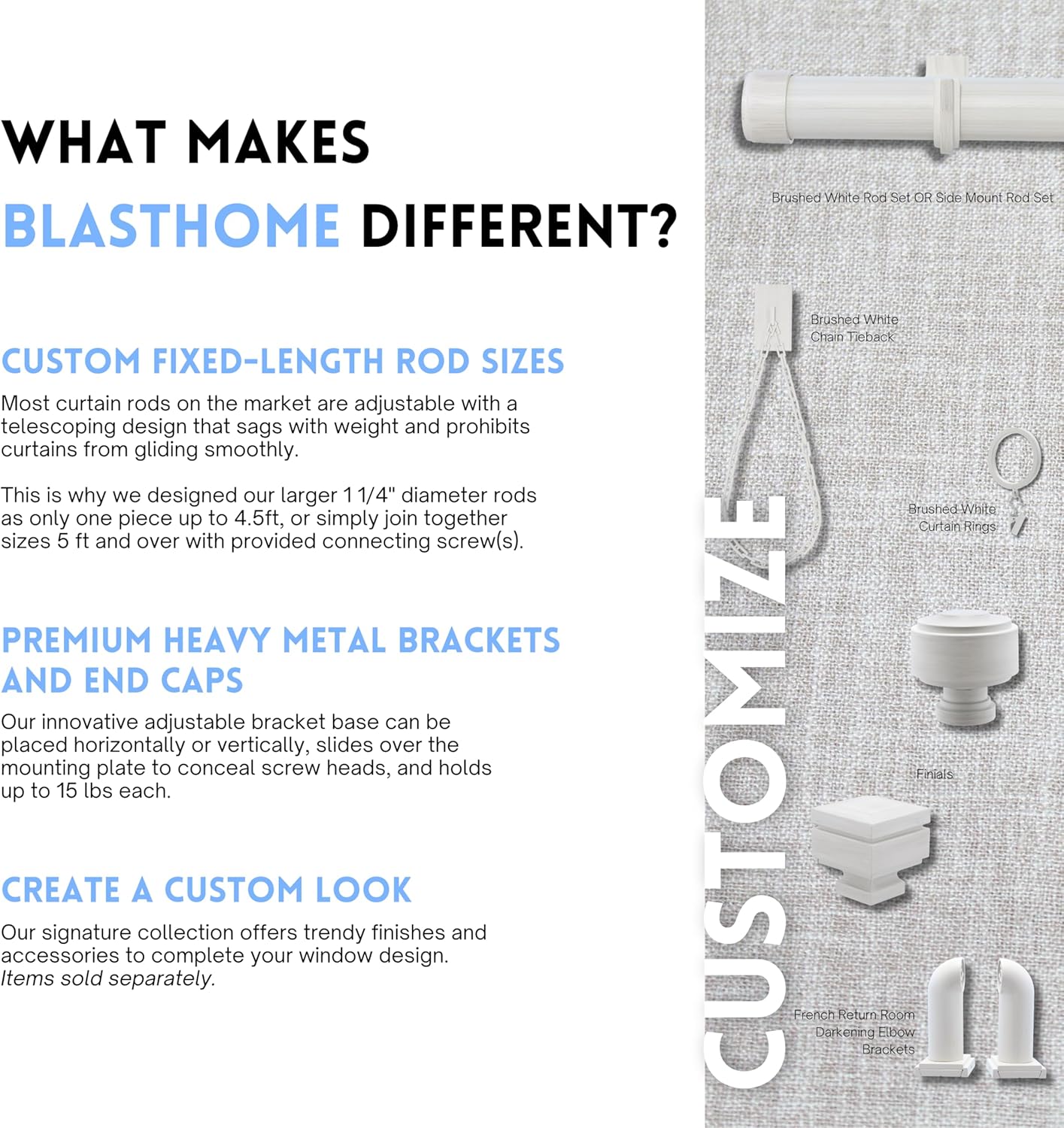 BlastHome® Non-Adjustable Luxury Curtain Rods for Windows, 1 ¼” Rod Set, 7 foot Fixed Length (Two Rods Connect for a Seamless Look), Brushed White