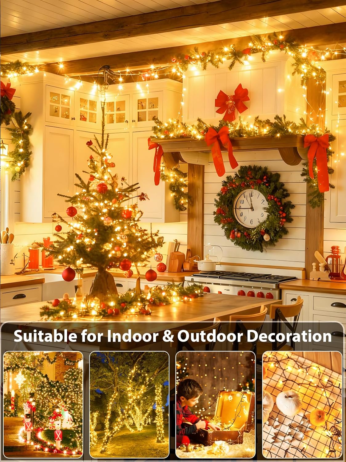 33 FT 100 LED Christmas String Lights Indoor Outdoor, Memory Function & Timer & 8 Modes, UL Certified, Linkable Green Wire Waterproof Twinkle Light for Christmas Tree Party Garden Decor (Warm White)