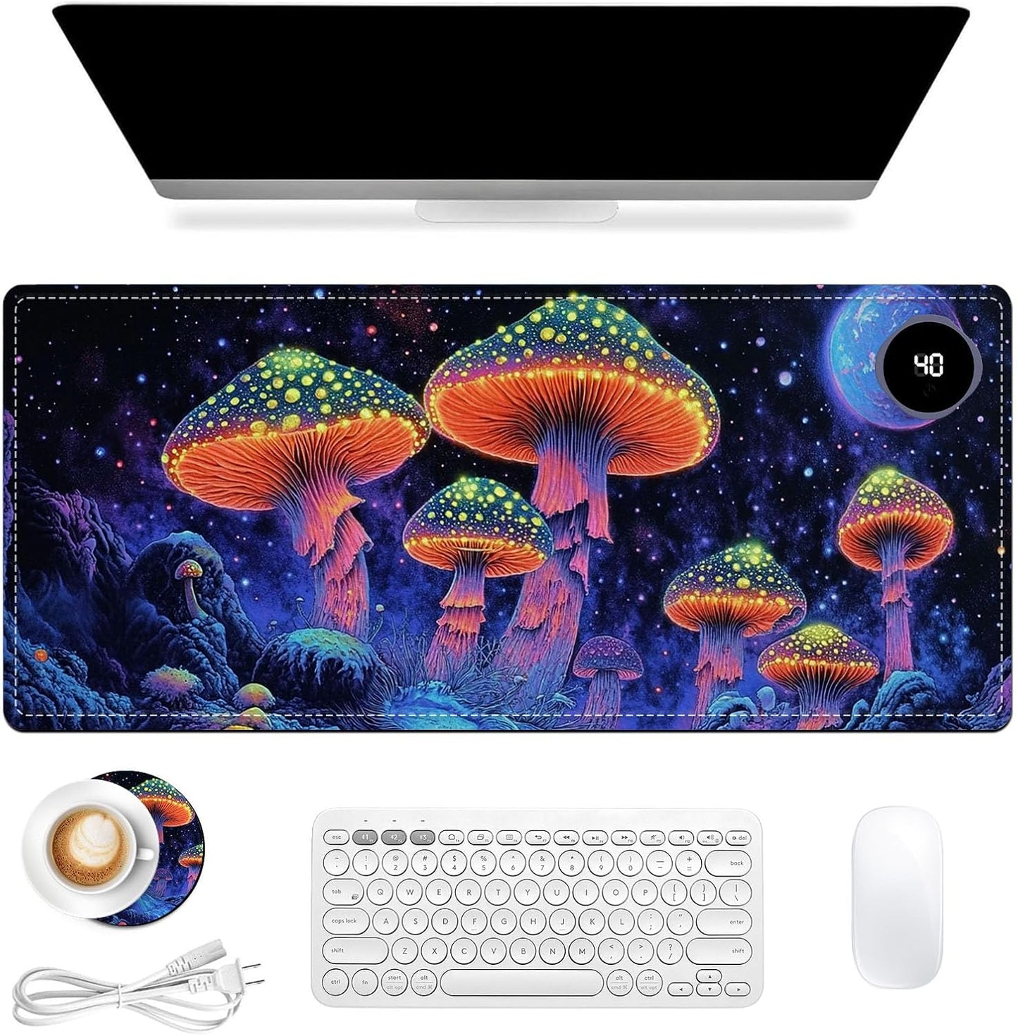 Heated Mouse Pad 31.5x13 in 3-Temp Fast Heating Desk Mat with Auto Timer Warmer for Hands Wrist Pain Relief Waterproof Keyboard Mat for Office, Gaming, Home, Mushroom Galaxy Art