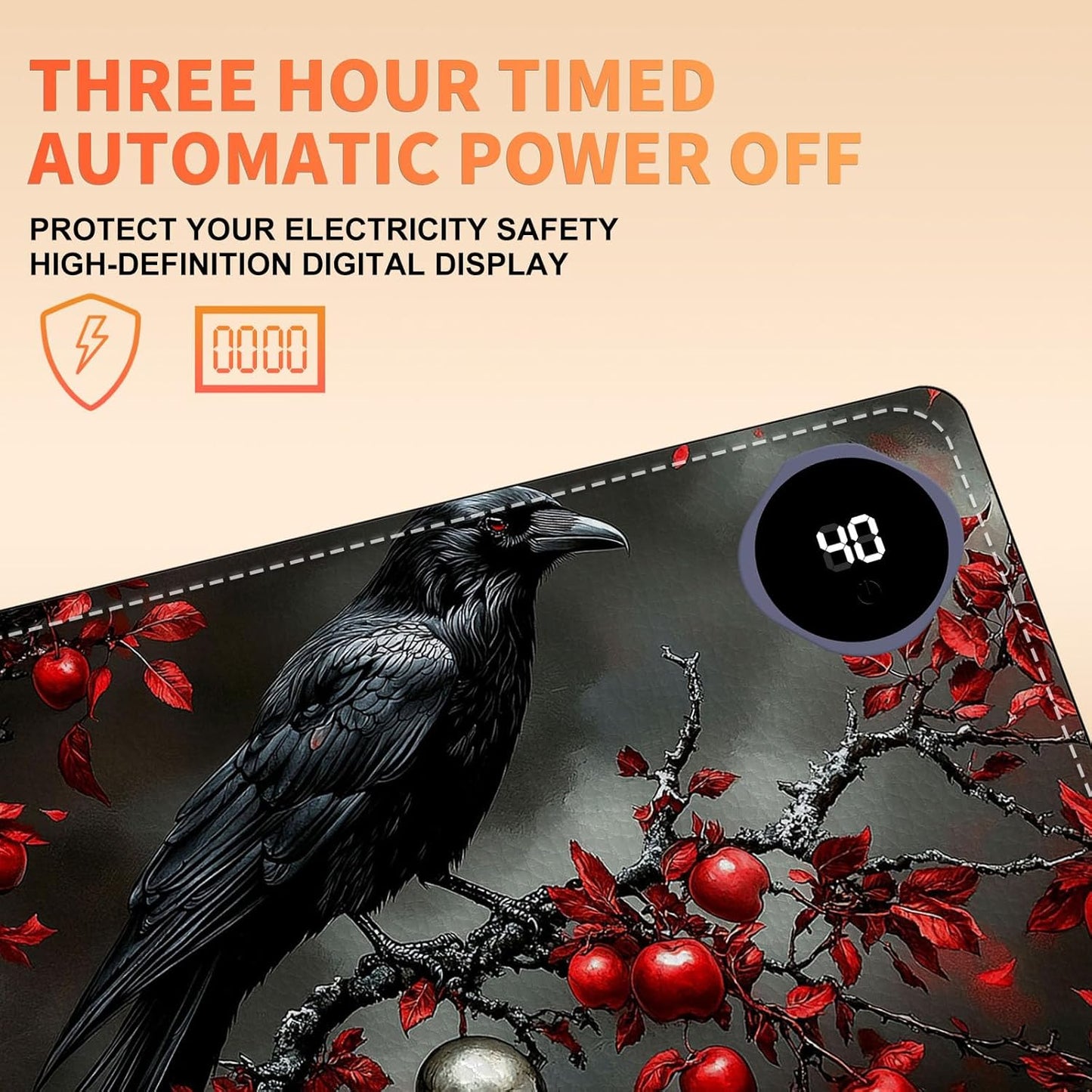 Heated Mouse Pad 23.6 x 14 in 3-Temp Fast Heating Desk Mat with Auto Timer Warmer for Hands Wrist Pain Relief Waterproof Keyboard Mat for Office, Gaming, Home, Raven Red Berries