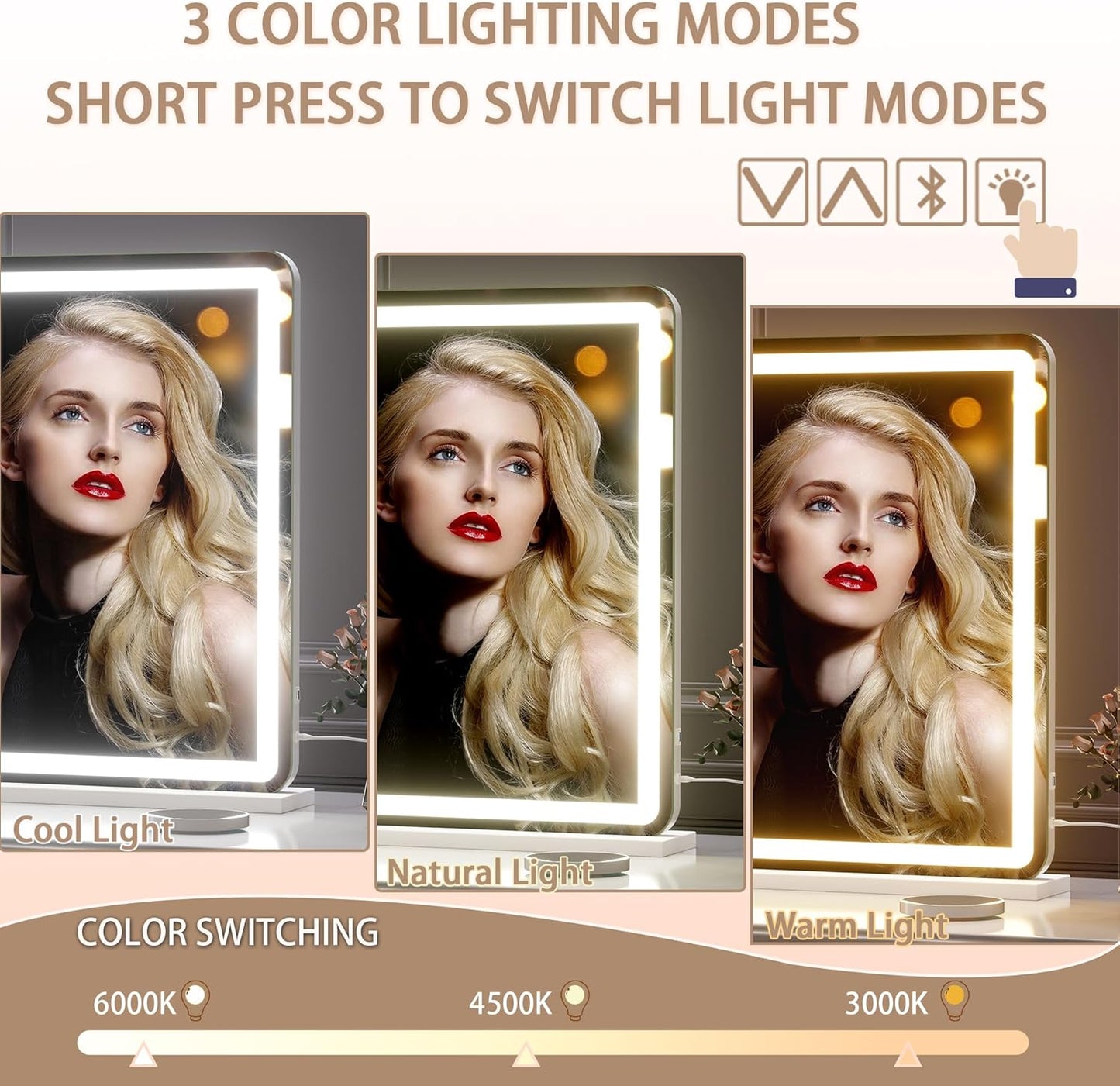 Hasipu Vanity Mirror with Lights and Bluetooth Speaker, 37.4" x 25.6" LED Makeup Mirror, Lighted Makeup Mirror with Dimmable 3 Modes, Touch Screen Control Vanity Mirror Round White