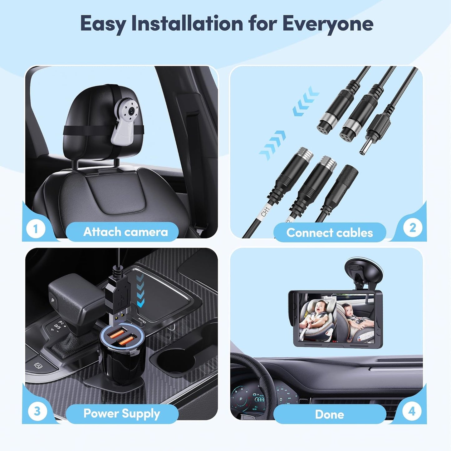 2-Kids Baby Car Camera Dual Monitor – 7 Inch Display with Two Rear Facing Car Seat Cameras, 1080P HD Night Vision IR-CUT, USB Powered Plug and Play Backseat Baby Monitor for Infant & Toddler Safety