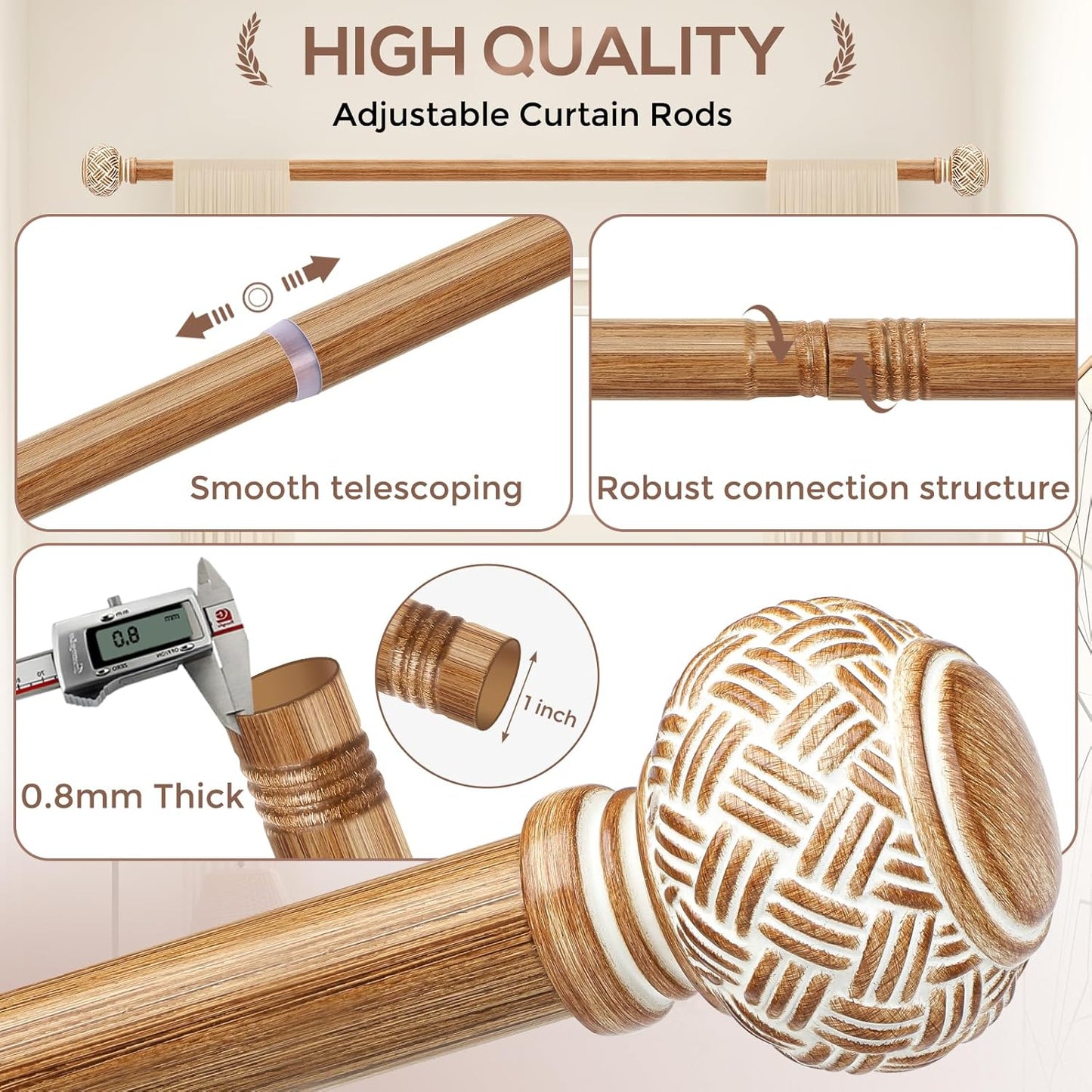 2 Pack Wood Curtain Rods for Windows 48 to 84 Inches, Decorative 1'' Diameter Heavy Duty Adjustable Rustic Farmhouse Drapery Pole with Boho Imitation Wooden Grain Finials, Size: 30''-88'', Brown