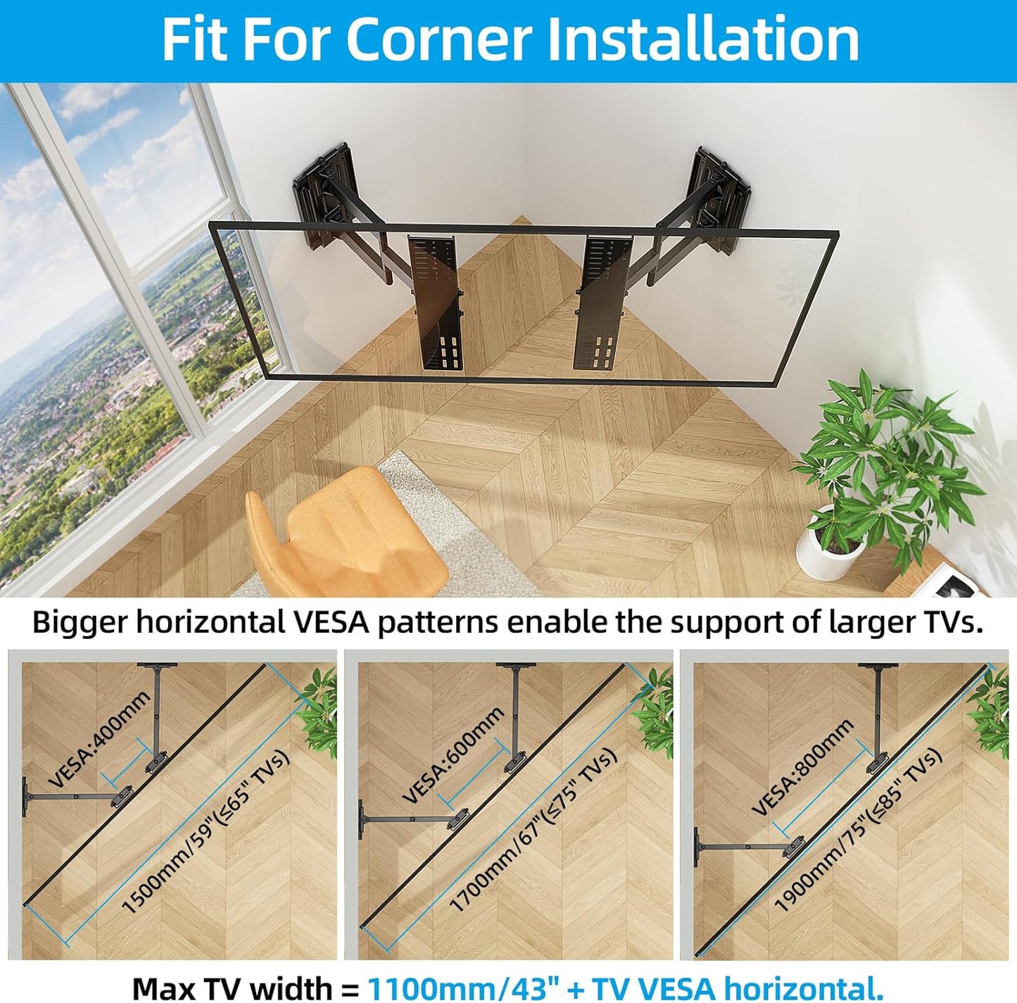 HOME VISION Heavy Duty Full Motion TV Wall Mount Bracket for 48-120 Inch Flat/Curved TVs, 200Lbs Capacity, Low Profile Ultra Slim Design with Swivel/Tilt, Corner Large Dual Arm, Max VESA 2000x600mm