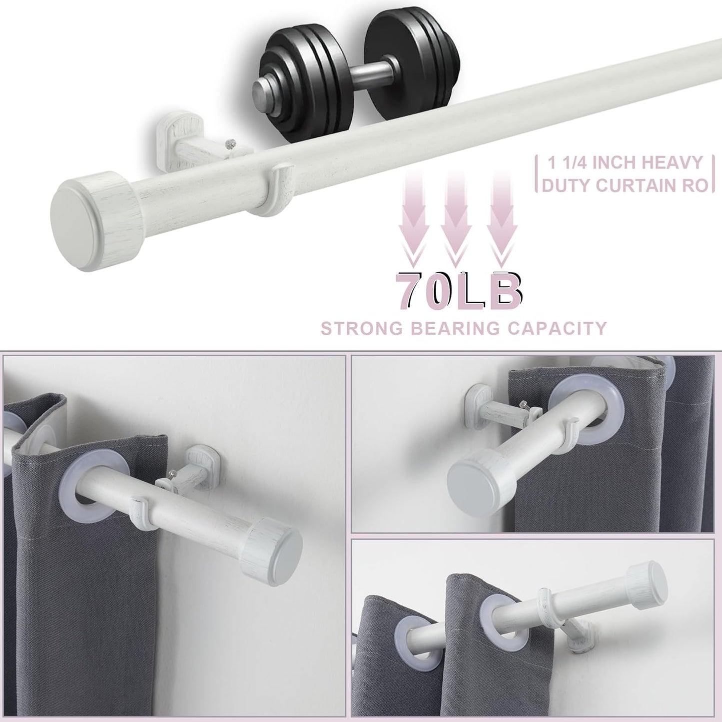 Heavy Duty Curtain Rods,1 1/4" Large Diameter Premium Nonadjustable Curtain Rod,48in/4ft Custom Window Treatment Rods with Durable Aluminum Brackets and End Caps,White Finish