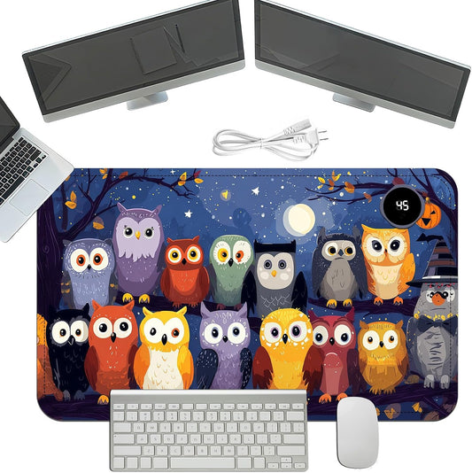 Heated Mouse Pad with 3 Temperature Settings(104°F–122°F),Large 24x14.2 Inch PU Leather Heated Desk Mat,Waterproof Warming Pad for Office,Gaming & Cold Hands Relief,Colorful Night Owls