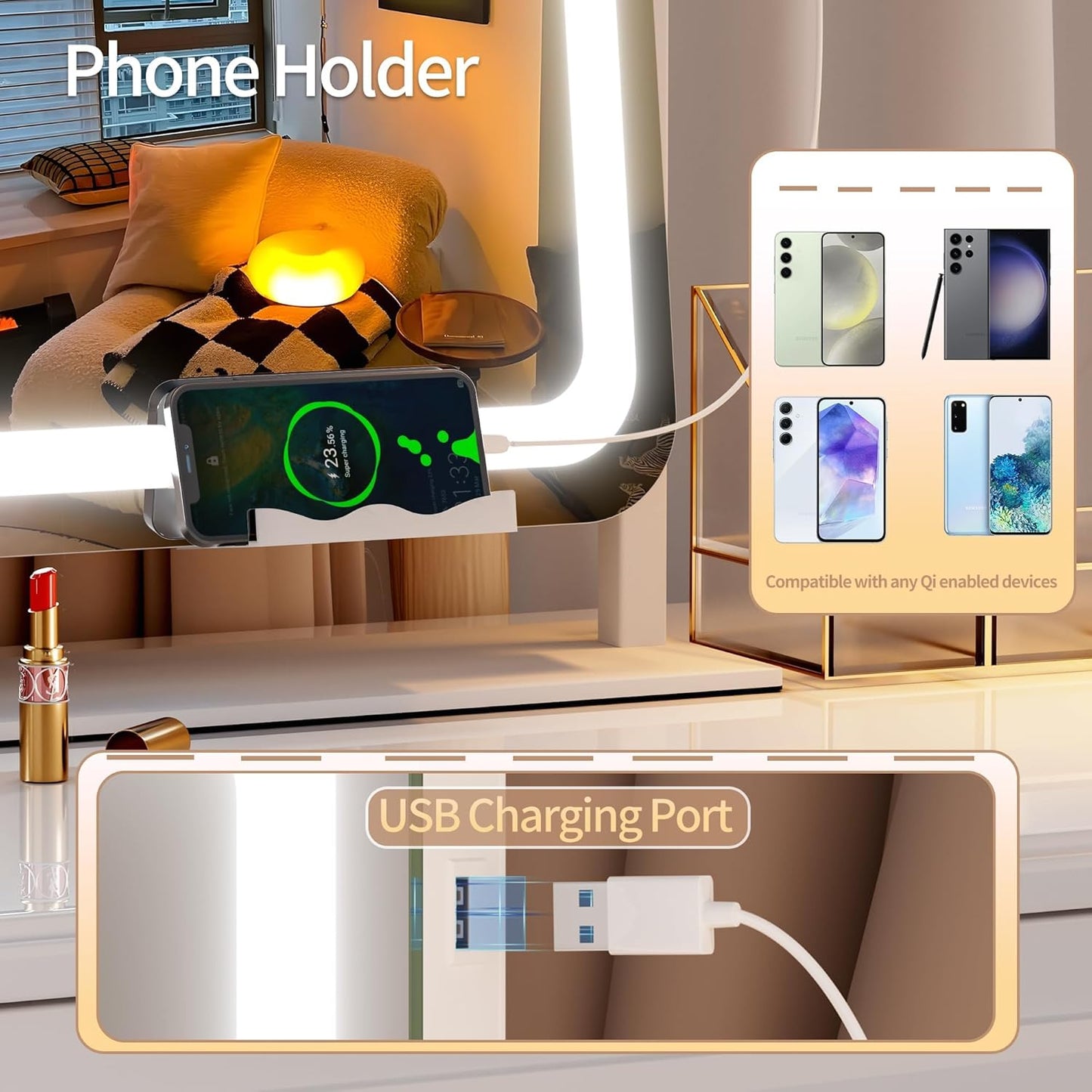 Hasipu Vanity Mirror with Lights, 34.3" x 25.2" LED Makeup Mirror, Light up Mirror with 10X Magnification and Phone Holder, USB Charging Port, Smart Touch 3 Colors Dimmable (White)