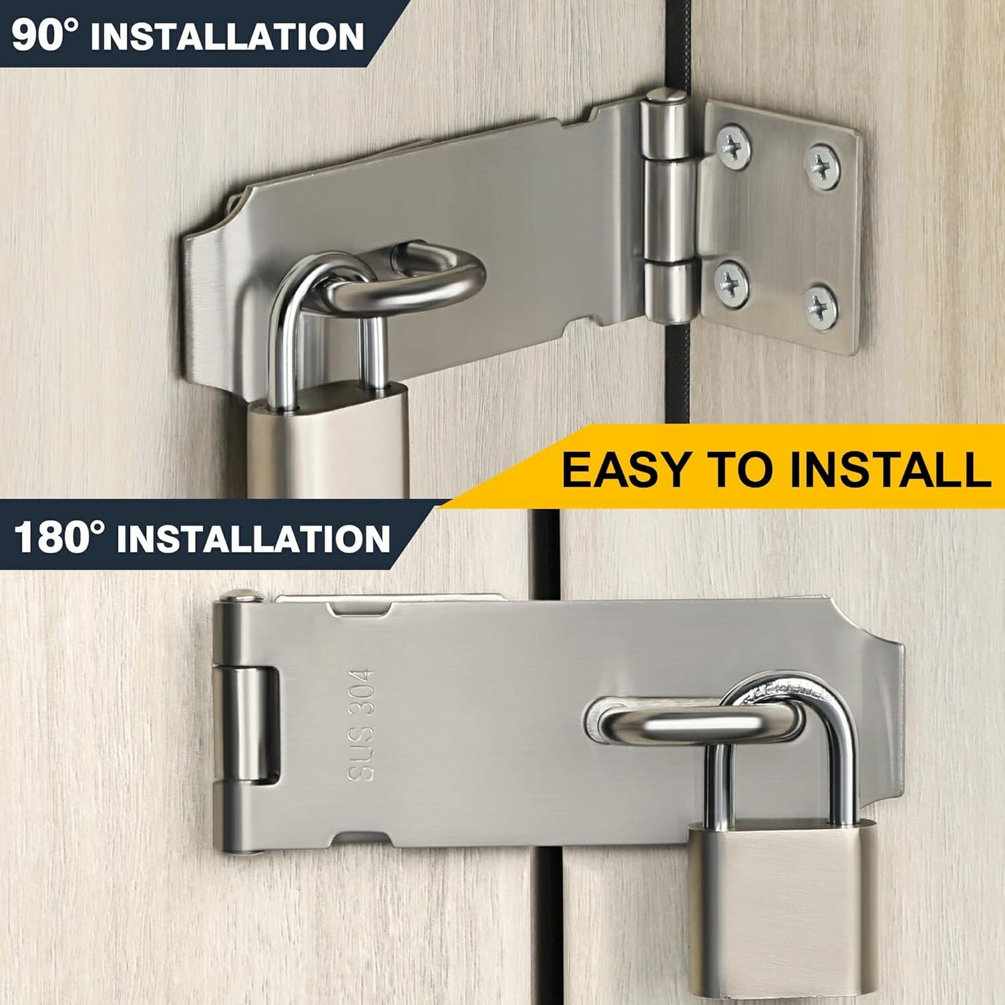 Alise Door Locks Hasp Latch,4 Inch SUS 304 Stainless Steel Safety Packlock Clasp Hasp Lock Latch with Fixing Screw for External Doors Window Cabinet Pet Cage Brushed Nickel MS9