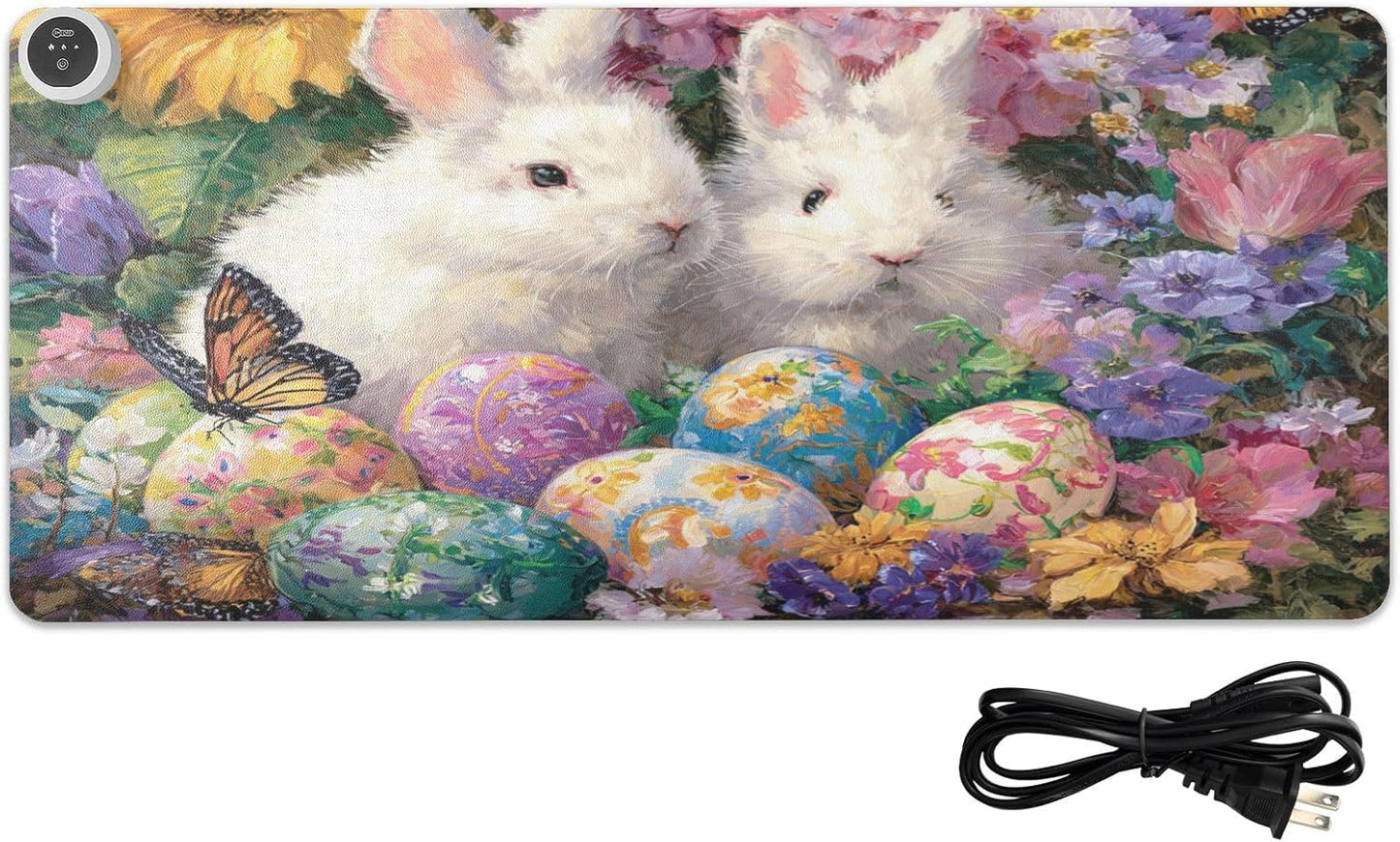 Heated Desk Pad Mouse Pad 31.5x13 Inch PU Leather Desk Mat with 3 Heat Levels Large Mouse Gaming Computer Laptop Mat Easter Bunny Eggs Sunflowers