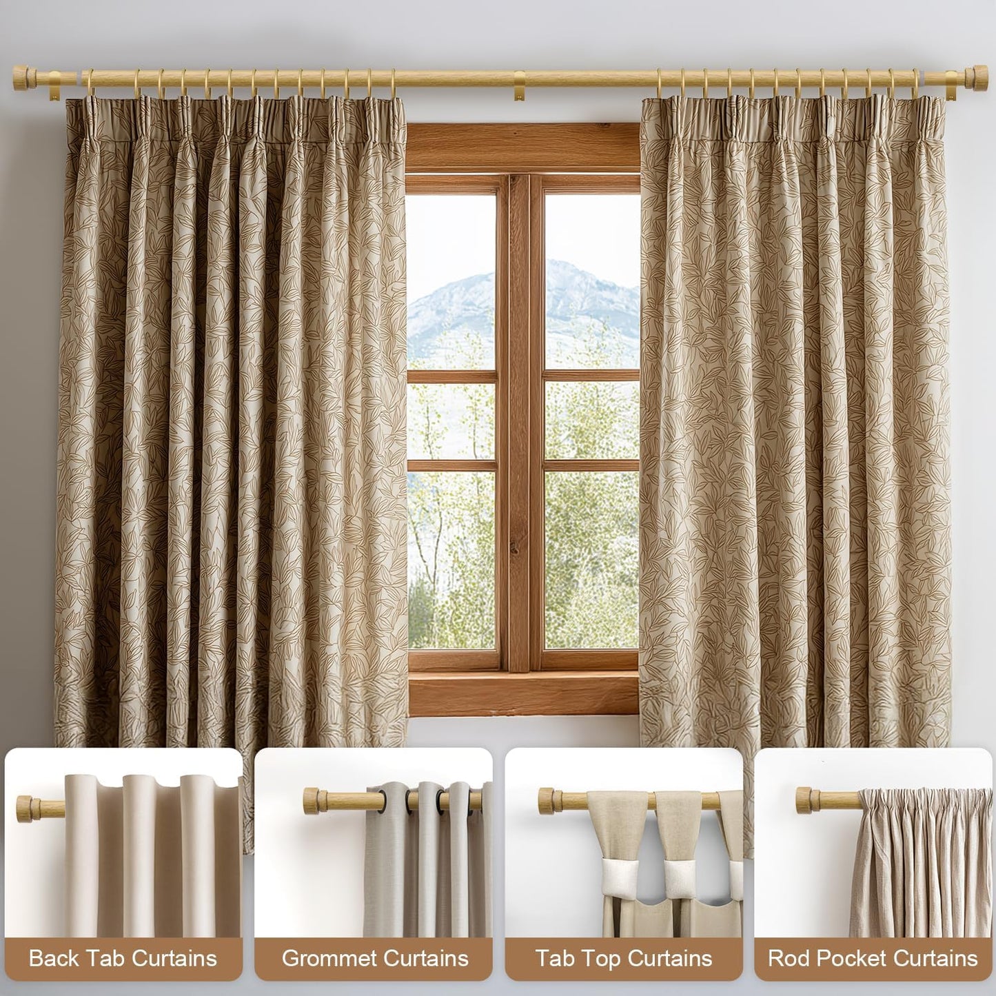 2 Pack Natural Light Wood Grain Curtain Rods for Windows 66 to 120 Inches 1" Diameter Heavy Duty Window Curtain Rod Adjustable with Solid Finials for Living Room Bedroom Kitchen Farmhouse Outdoor