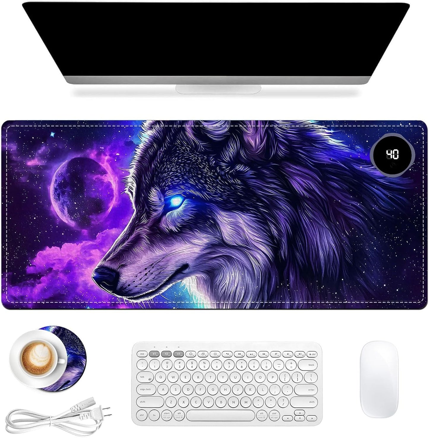 Heated Mouse Pad, Warm Desk Pad, Keyboard Mat 31.5 x 13 Inch Large Size Intelligent Fast Heating, 3 Speed Adjustable, Timed Auto Power Off for Game Office Home,Galaxy Wolf