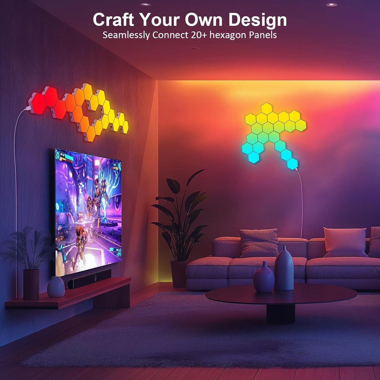 Hexagon LED Light Panels 8 Pack – RGB Wall Decor Lights with Music Sync, App & Remote – Modular Home & Christmas Decor for Bedroom, Living Room, and Room Decor