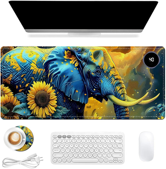Heated Mouse Pad, Warm Desk Pad, Keyboard Mat 31.5 x 13 Inch Large Size Intelligent Fast Heating, 3 Speed Adjustable, Timed Auto Power Off for Game Office Home,Elephant in Sunflower Field
