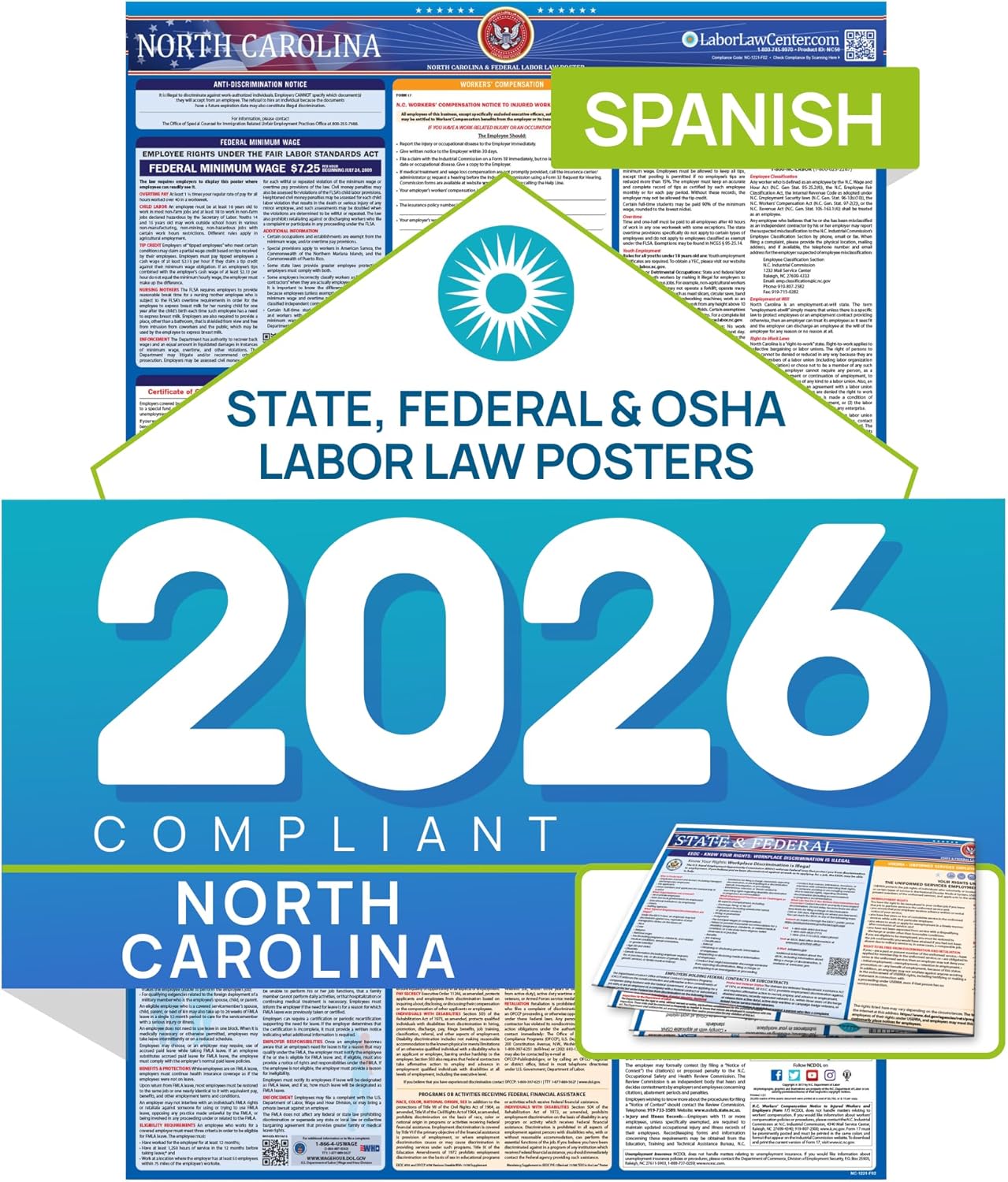2026 North Carolina Labor Law Poster – Spanish – State, Federal, OSHA Compliant – Workplace Required Posting for Employees – Spanish Employment Poster – Folded & Unlaminated – Envelope Packed