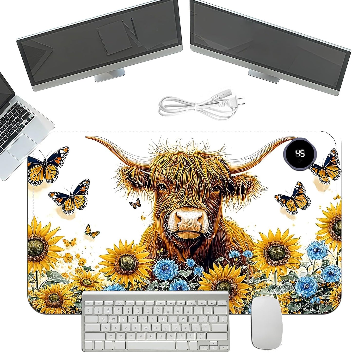 Heated Mouse Pad with 3 Temperature Settings(104°F–122°F),Large 24x14.2 Inch PU Leather Heated Desk Mat,Waterproof Warming Pad for Office,Gaming & Cold Hands Relief,Sunflower Cow
