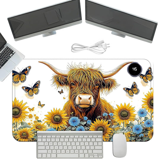 Heated Mouse Pad with 3 Temperature Settings(104°F–122°F),Large 24x14.2 Inch PU Leather Heated Desk Mat,Waterproof Warming Pad for Office,Gaming & Cold Hands Relief,Sunflower Cow