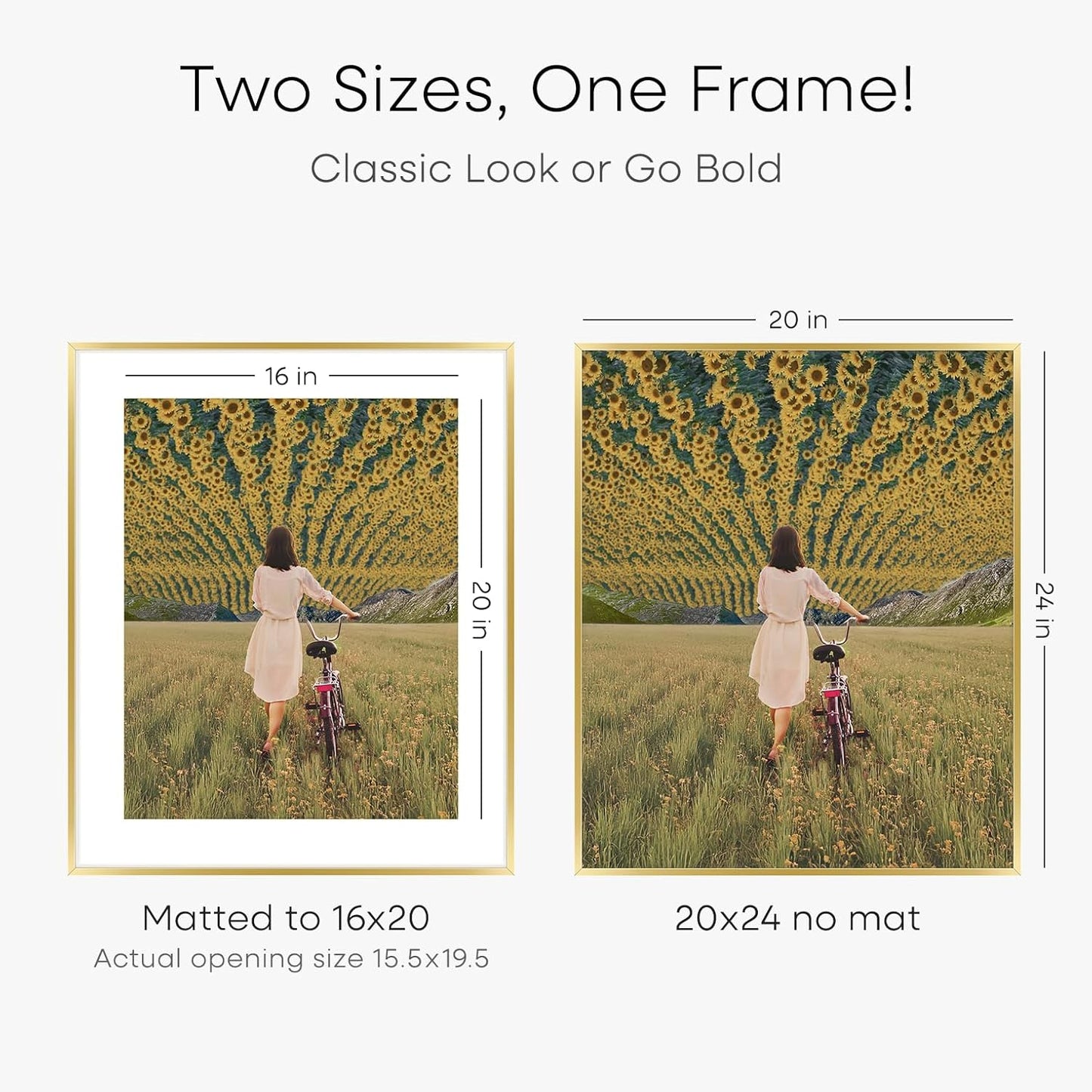 Homeforia 20x24 Picture Frame Gold, High End Metal 24x20 Frames for Wall, 20x24 Gold Frame Matted to 16x20 Print, 20 x 24 Poster Large Frame with Mat 16 by 20 Photo, Tempered Glass, Wall Kit, Set of 3