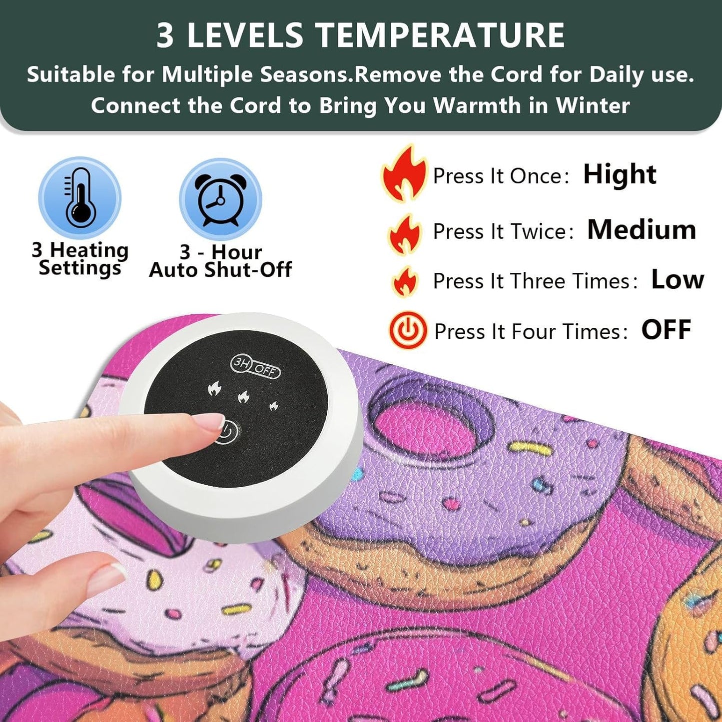 Heated Desk Pad Mouse Pad 31.5x13 Inch PU Leather Desk Mat with 3 Heat Levels Large Mouse Gaming Computer Laptop Mat Cute Donuts Colorful
