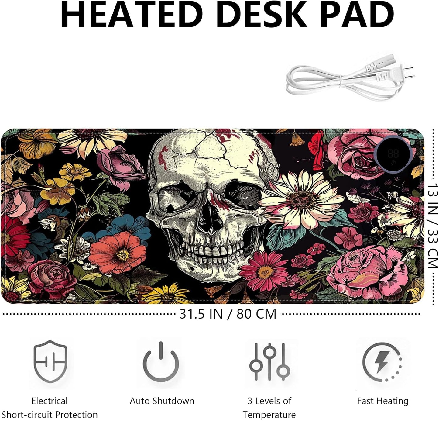 Heated Mouse Pad with 3 Levels Heated & 3 Hours Auto Shut-Off Mouse Pad for Warming Hands in Office Home, 31.5" x 13"Large Safe Desk Mat Hand Warmer，Skull in Flowers