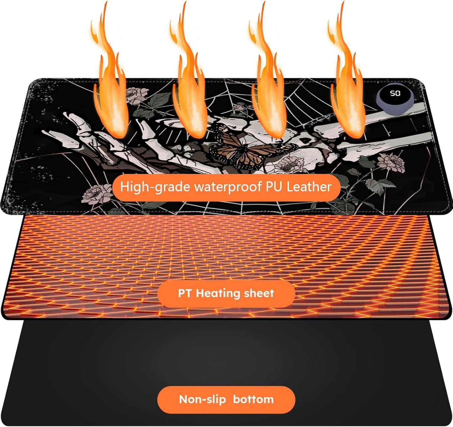 Heated Mouse Pad with 3 Levels Heated & 3 Hours Auto Shut-Off Mouse Pad for Warming Hands in Office Home, 31.5" x 13"Large Safe Desk Mat Hand Warmer，Skeleton Hand Spider Web