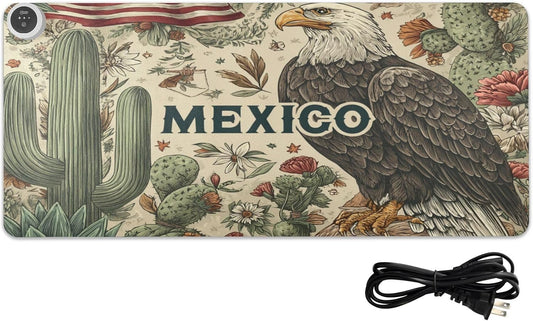Heated Desk Pad Mouse Pad 31.5x13 Inch PU Leather Desk Mat with 3 Heat Levels Large Mouse Gaming Computer Laptop Mat Retro Mexico American Eagle Cactus Beige