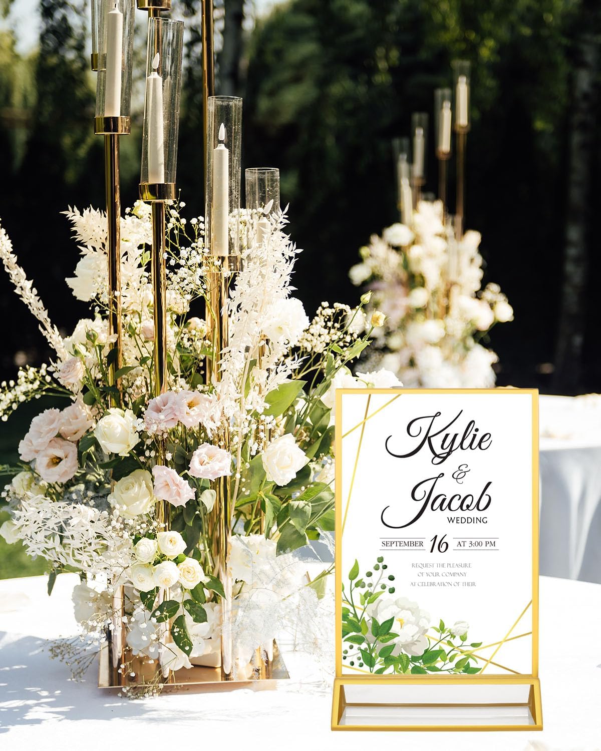 24 Pack 5x7 Gold Acrylic Sign Holders, Double Sided Picture Frame Stands, Clear Table Menu Holder Display Stand for Wedding Table Numbers, Restaurant Signs, Party, Office Photos