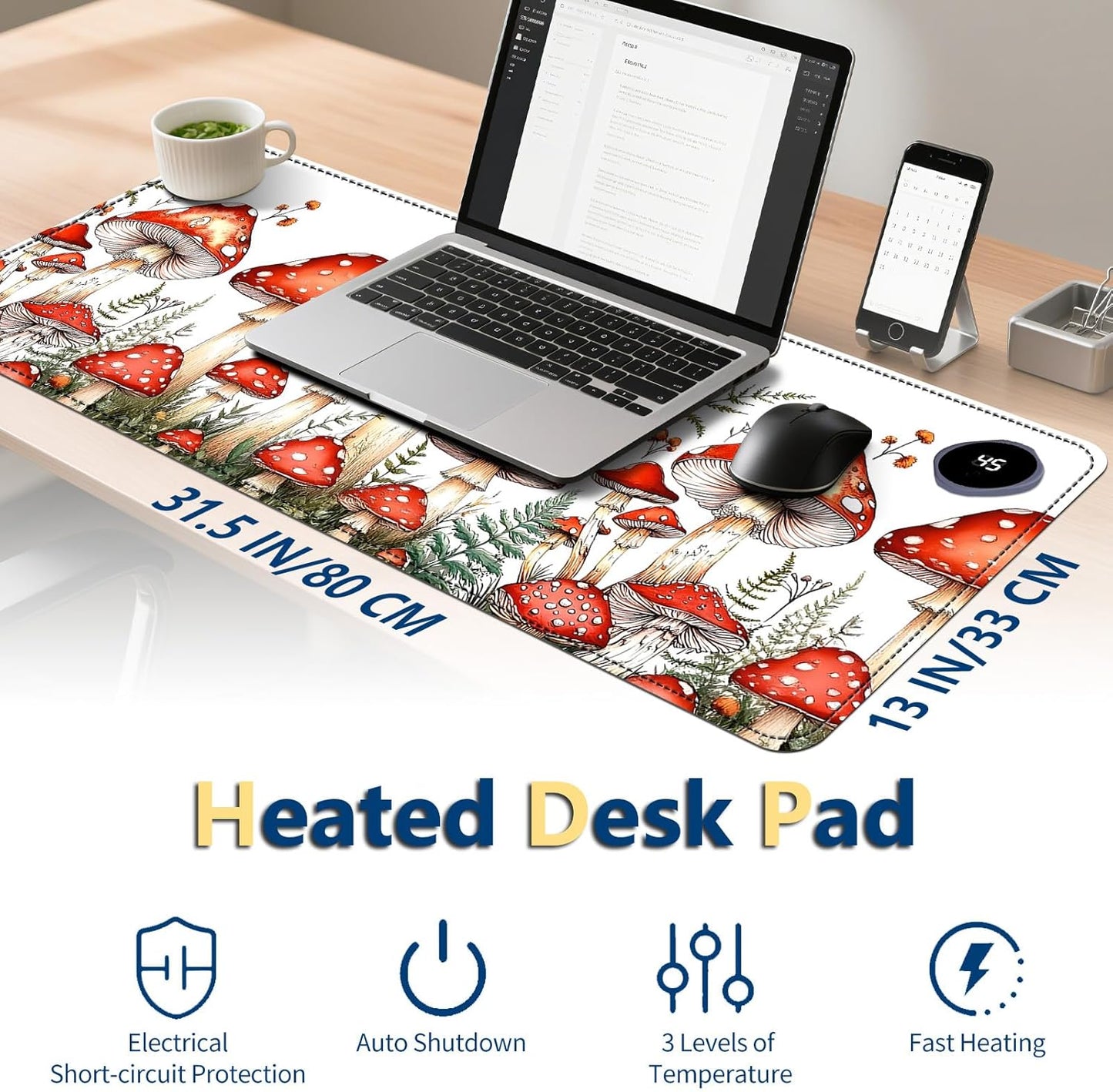 Heated Mouse Pad with 3 Temperature Settings(104°F–122°F),Large 31.5x13 Inch PU Leather Heated Desk Mat,Waterproof Warming Pad for Office,Gaming & Cold Hands Relief,Red Mushroom