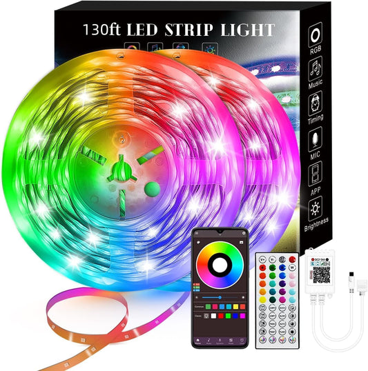 130Ft Led Strip Lights (2 Rolls of 65ft), Music RGB Color Changing,APP Control Strip Lights for Bedroom, Living Room, Kitchen, Party Decorationcontrol (Multi-Colored, 130FT)