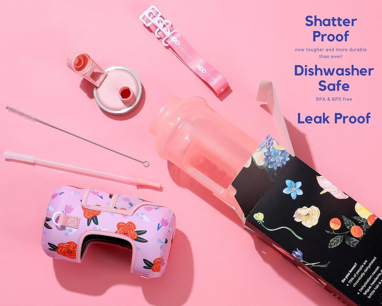 H2O Capsule 2.2L Half Gallon Wide Mouth Water Bottle with Storage Sleeve and Removable Straw - Hydration Tracker Jug with Measurements Marked – Shatterproof BPA-Free, (Poppy Love)